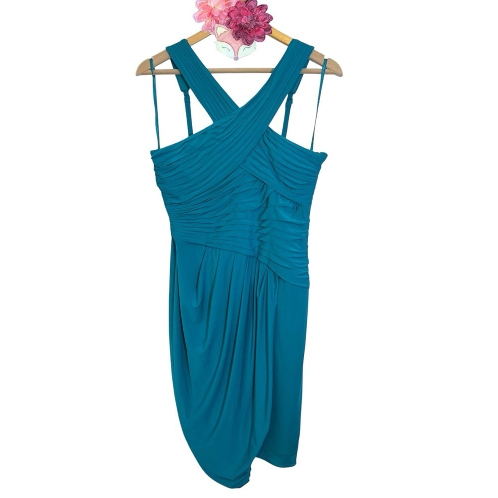 BCBGMAXAZRIA cocktail dress aqua blue pleated halter bodice wrap skirt medium
